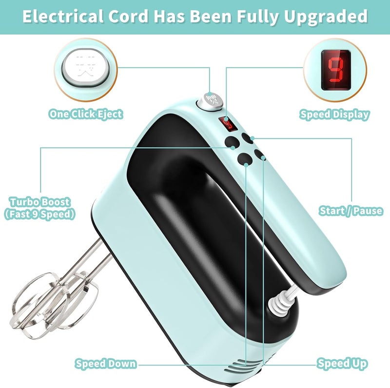 Yomelo 9-Speed Digital Hand Mixer Electric, 400W Powerful DC Motor, Hand Mixer Electric Handheld with Snap-On Storage Case, 5 Stainless Steel Accessories, Beaters, Dough Hooks, Whisk(Ice Blue/Black) - Image 3
